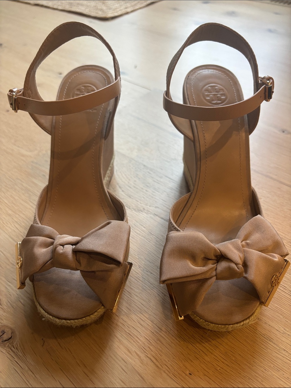 Tory Burch Tan Bow Espadrille Wedge Sandals